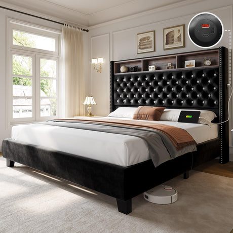 YITAHOME King Size Bed Frame with 58" Tall Headboard, Storage Headboard Bed with USB Charging Stations, Type-C Port, Velvet Upholstered Beds with Deep Button Tufted, No Box Spring Needed, Black YITAHOME