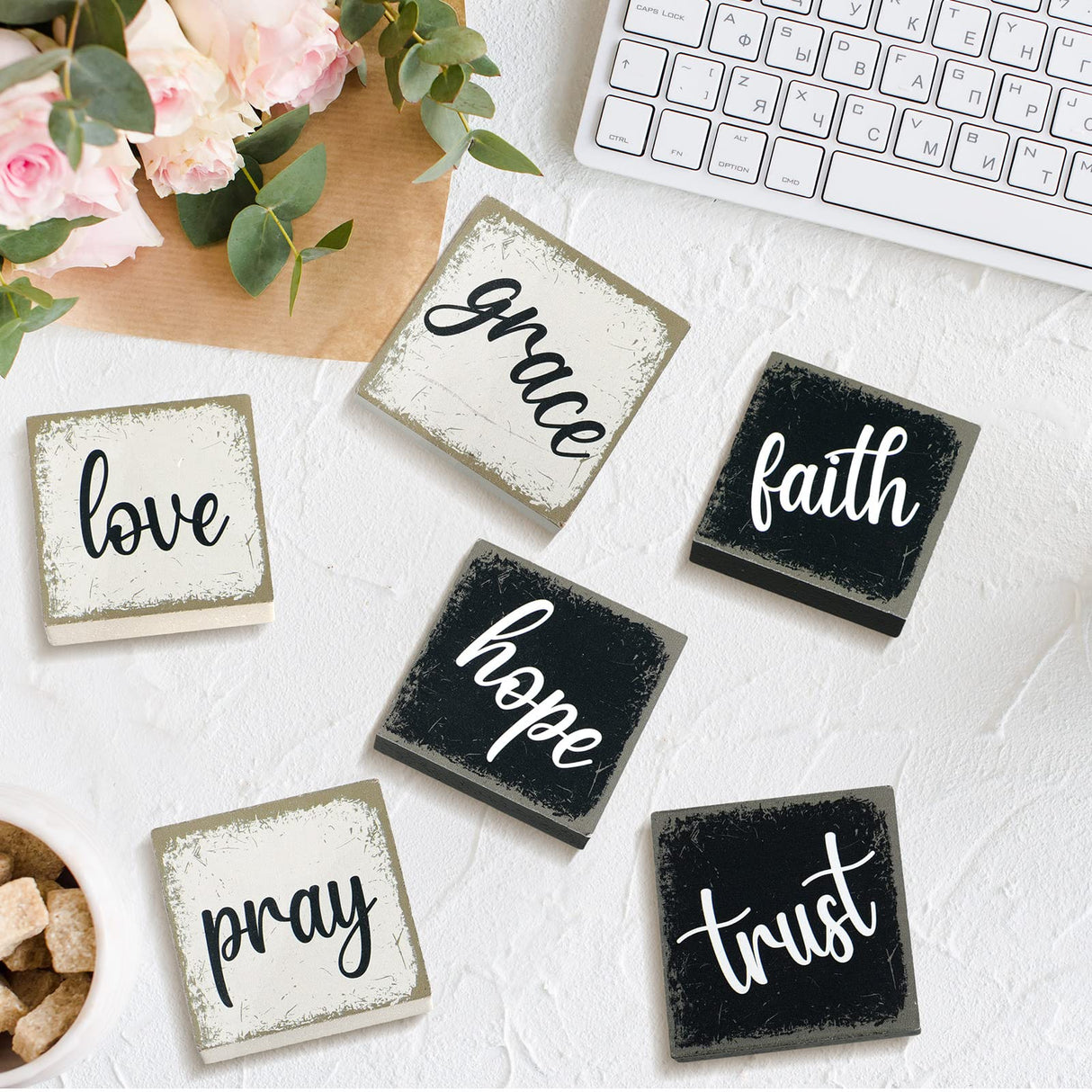 Qunclay 6 Pieces Farmhouse Tiered Tray Decor Inspirational Rustic Wood Sign Faith Love Hope Wooden Table Decorations Art Print Wooden Block Signs for Office Home Tabletop Bookshelf, 2.5 x 2.5 Inch Qunclay