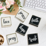 Qunclay 6 Pieces Farmhouse Tiered Tray Decor Inspirational Rustic Wood Sign Faith Love Hope Wooden Table Decorations Art Print Wooden Block Signs for Office Home Tabletop Bookshelf, 2.5 x 2.5 Inch Qunclay