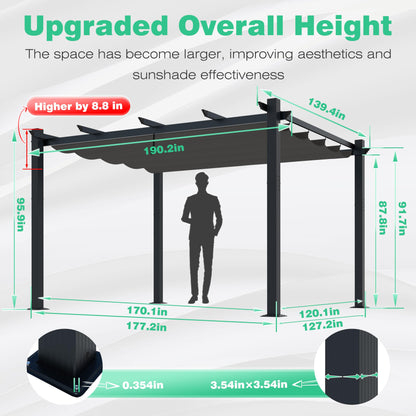 Yardenaler 12’ X 16’ Retractable Pergola with Adjustable Canopy for Backyard Deck Garden Grey