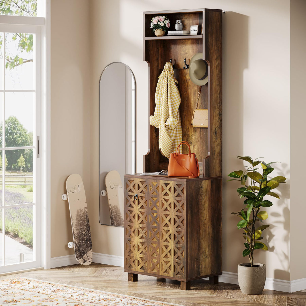 Tribesigns 3-in-1 Entryway Hall Tree with Storage, Farmhouse Hall Tree with Coat Rack, Top Storage and Shoe Cabinet for Entryway, Hallway, Bedroom, Rustic Brown Tribesigns