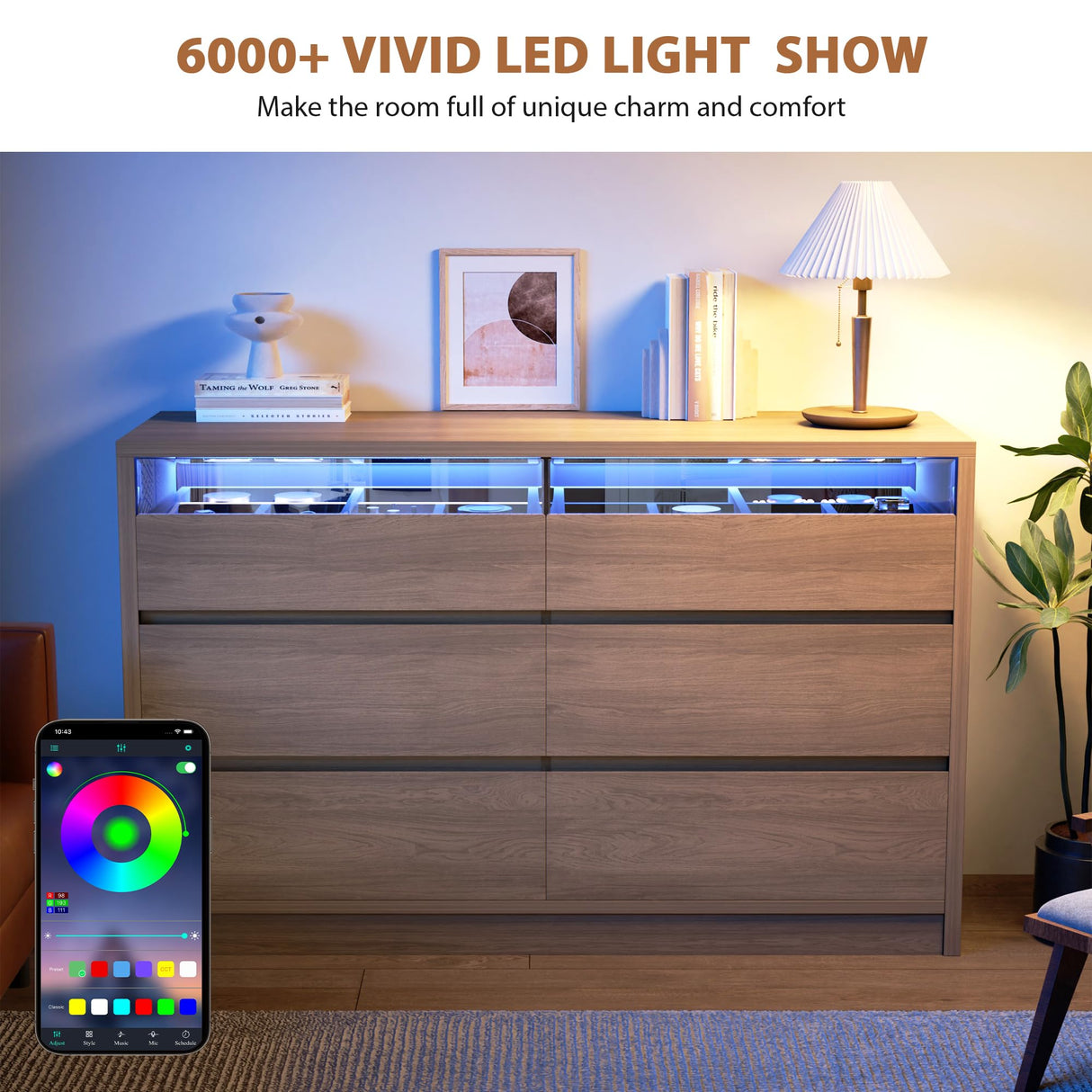 Jocoevol Modern 6 Drawer Dresser for Bedroom with LED Light, Large Chest of Drawers with Hidden Handles, Double Wooden Dresser Closet for Living Room, Entryway, Hallway - Natural Wood Jocoevol