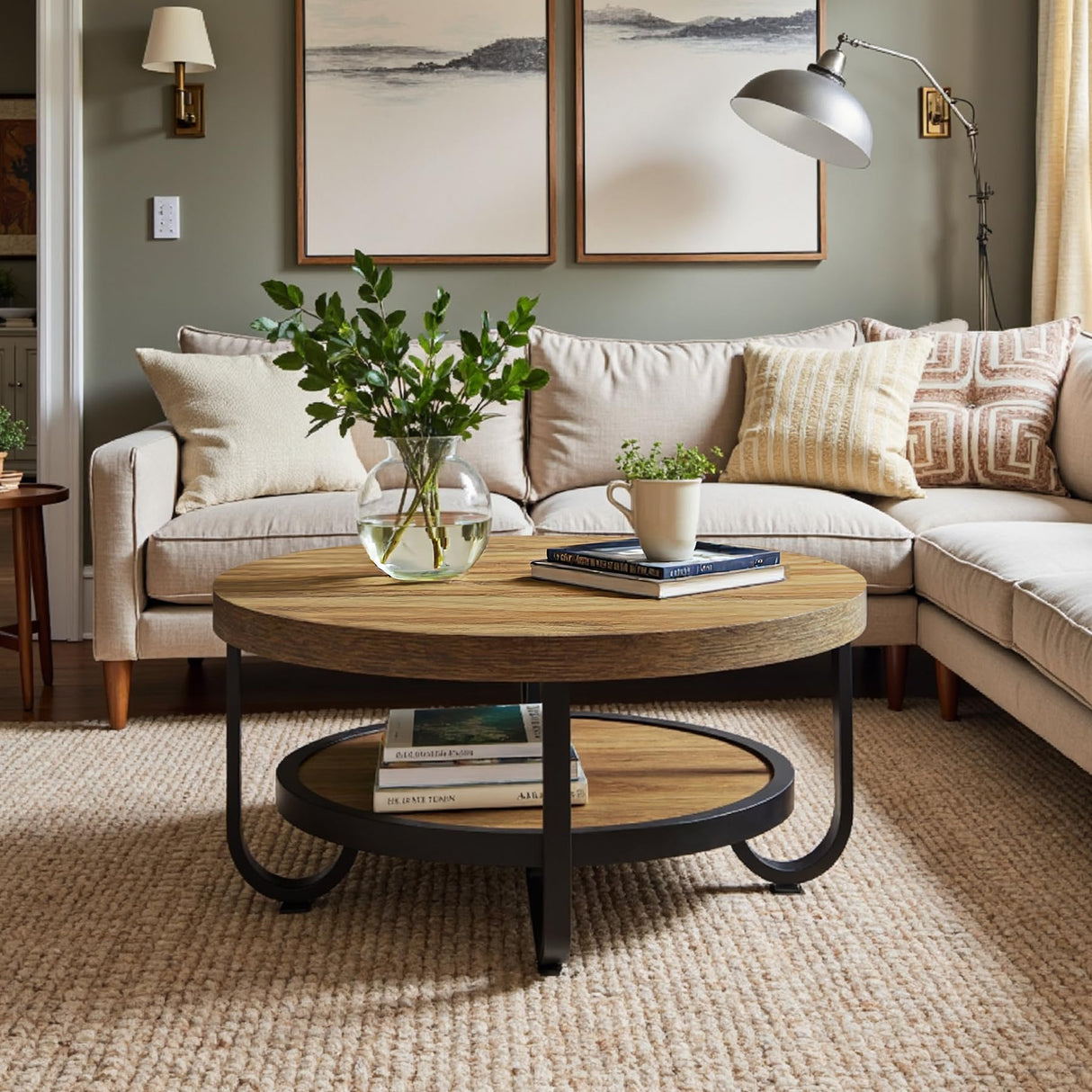 Tribesigns Round Coffee Table, 2-Tier Modern Wood Circle Center Table with Storage Shelf and Metal Frame, 31.5" Farmhouse Accent Cocktail Table for Living Room, Small Space, Brown Tribesigns