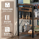 Aheaplus Bakers Rack with Power Outlet and LED Light Strings, Microwave Oven Stand Kitchen Storage Shelf with Wire Basket, Coffee Bar Station Island Table with 10 Hooks for Spices, Pots, Rustic Brown Aheaplus