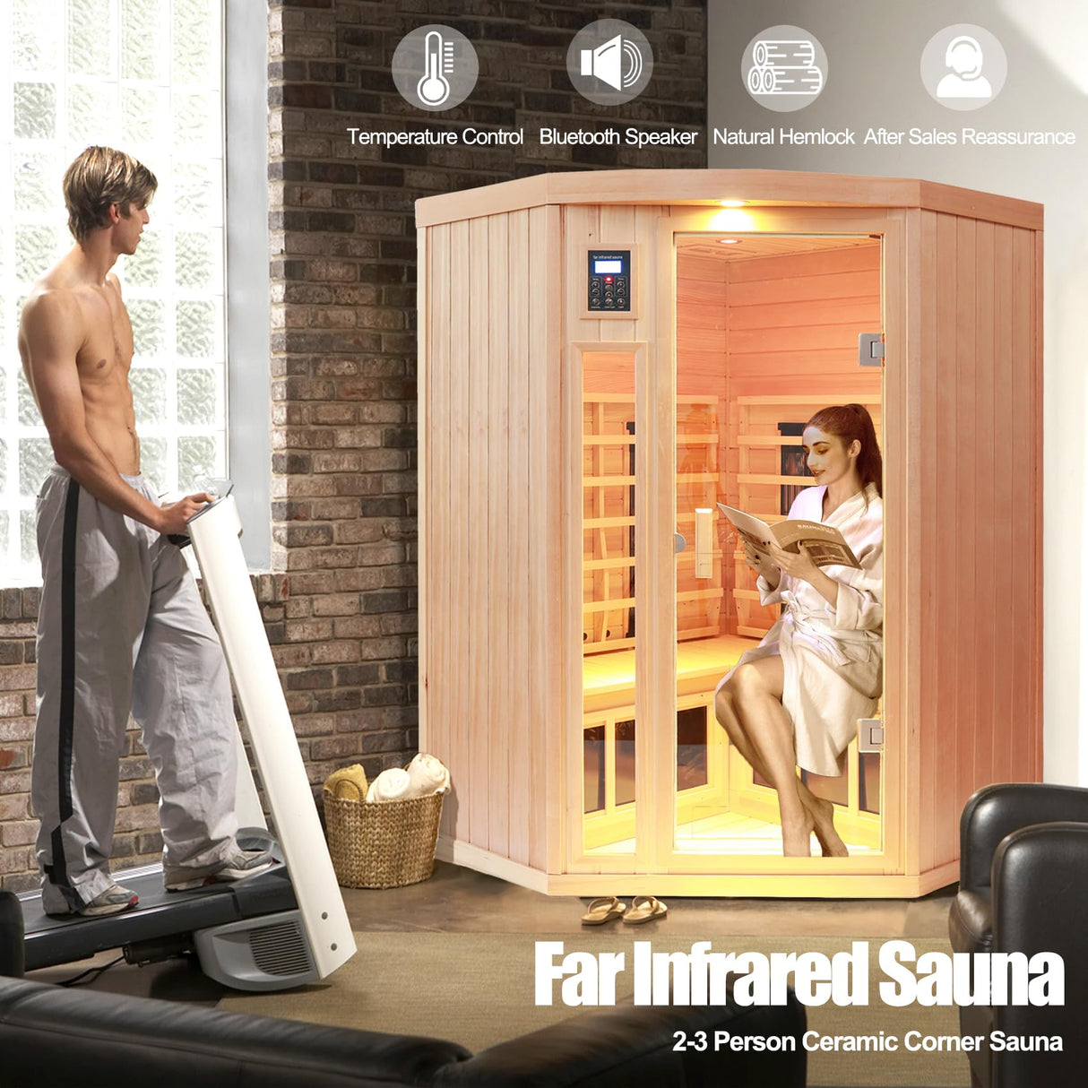 KUNSANA 2-3 Person Infrared Saunas for Home, Low EMF Ceramic Infrared Sauna, Indoor Home Sauna Spa, Hemlock Wooden Corner Suana Room, Bluetooth Speakers, Chromotherapy Lights KUNSANA