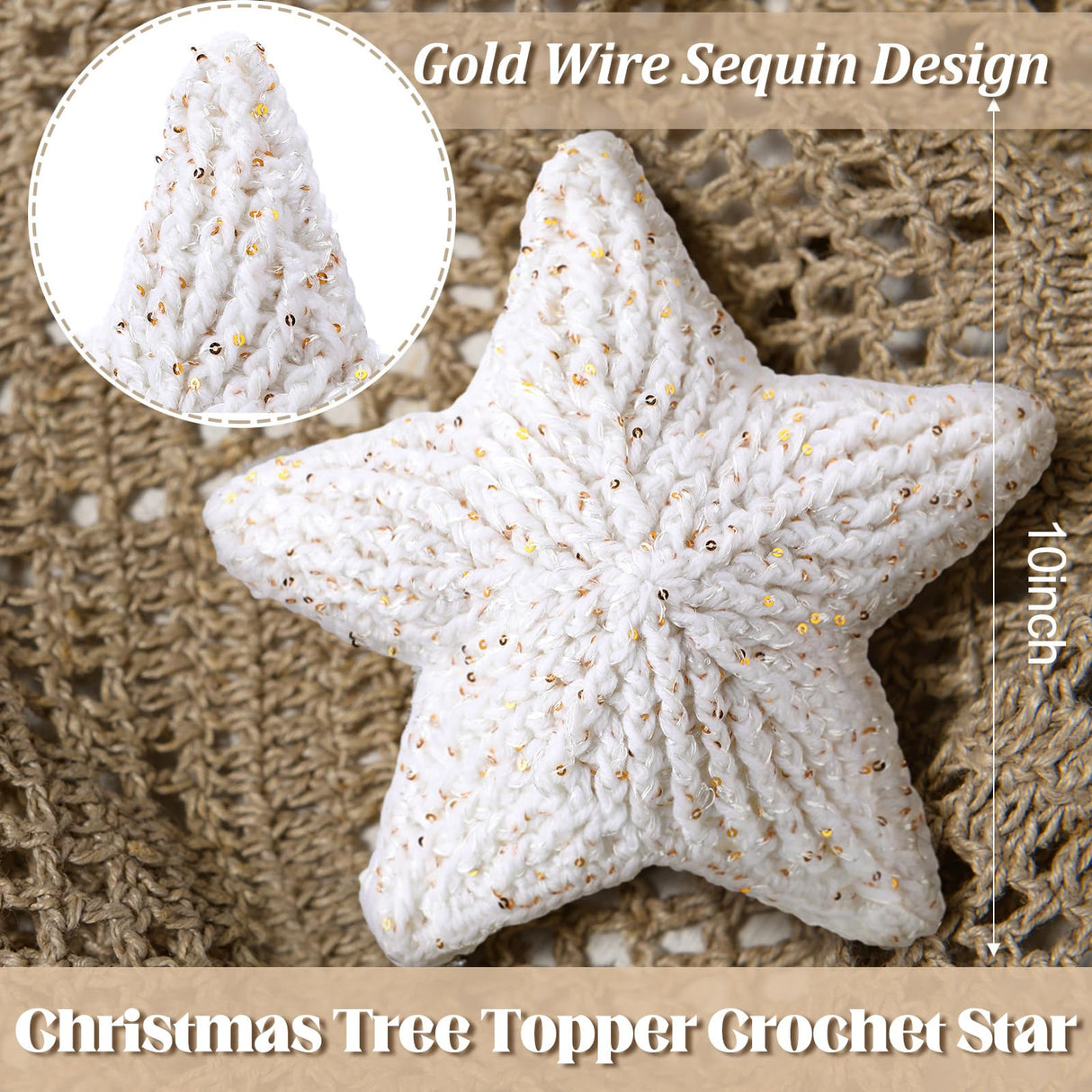 Syhood 10 Inch Star Christmas Tree Topper Crochet Star Farmhouse Holiday Xmas Decor for Christmas Tree Topper Ornament Party Decoration Syhood