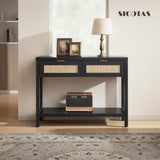 SICOTAS Black Console Table with Rattan Drawers - Boho Rattan Entryway Table with Storage, Wood Small Console Tables for Entryway, Entry Table for Hallway, Sofa Table SICOTAS