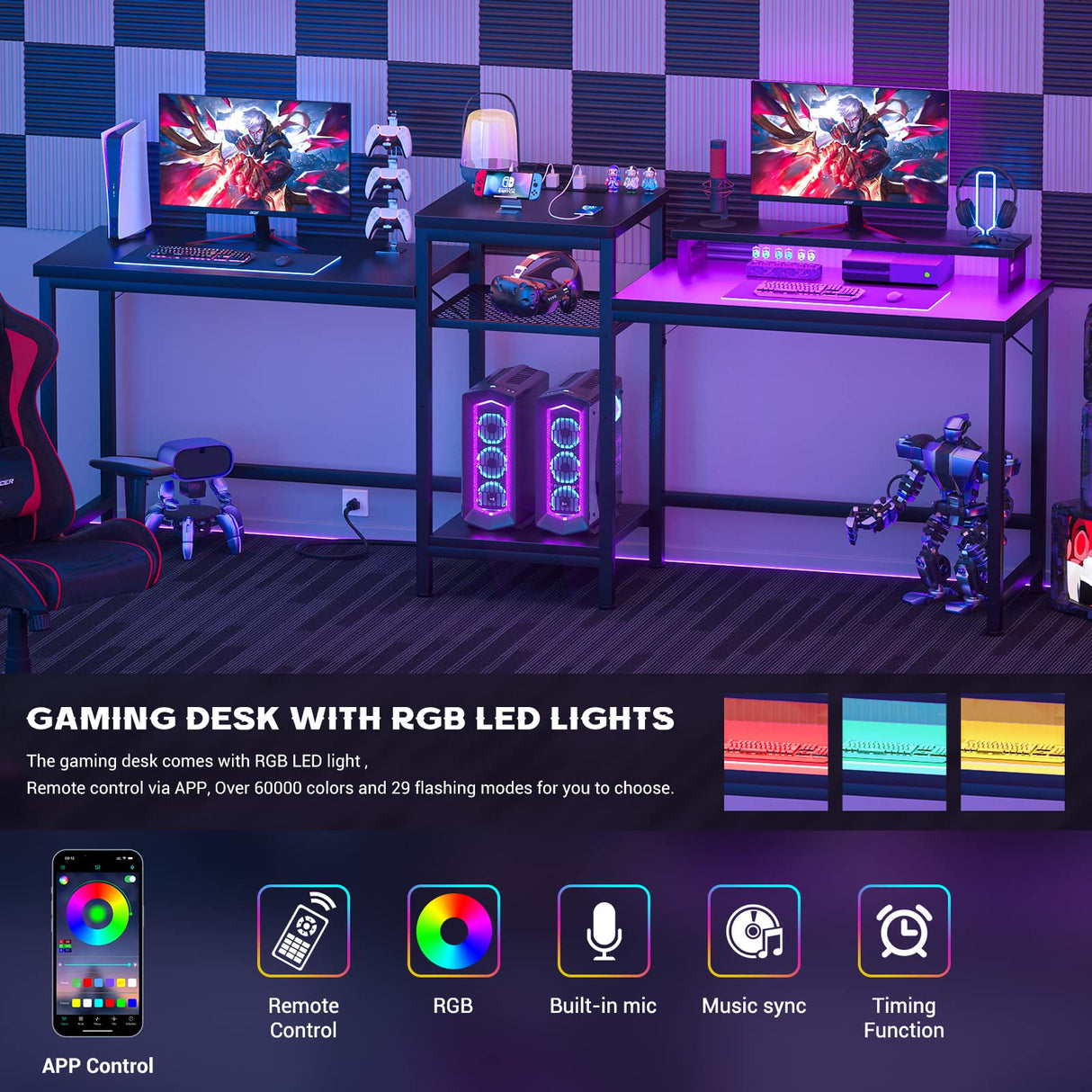 Unikito 2 Person Computer Desk with LED Light and Power Outlet, Double Gaming Desk, Large Workstation with Storage and Printer Stand, Long Desk, Office Work Desk with Shelf, Writing Study Table, Black Unikito