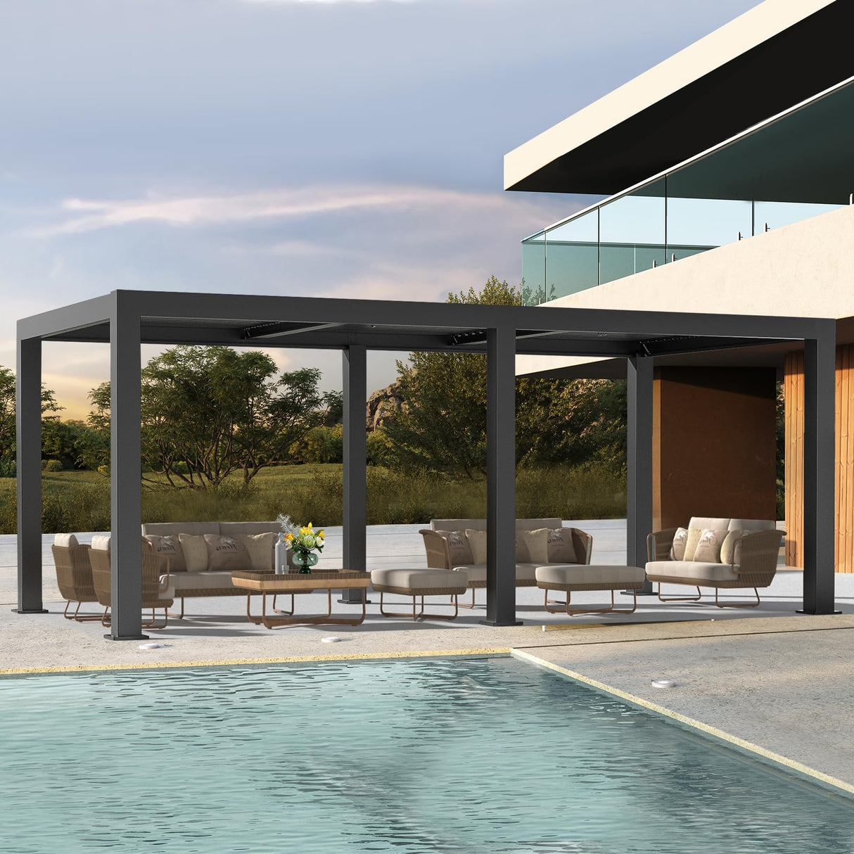 LVUYOYO Outdoor Louvered Pergola 10' x 20', Aluminum Patio Pergola with Adjustable Roof, Sun Shade Shelter Metal Gazebo for Backyard, Garden, Deck(Black) LVUYOYO