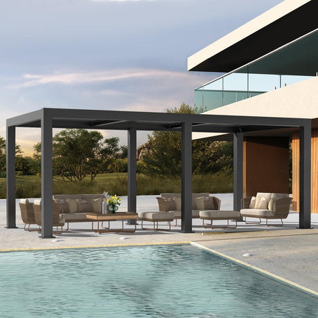 LVUYOYO Outdoor Louvered Pergola 10' x 20', Aluminum Patio Pergola with Adjustable Roof, Sun Shade Shelter Metal Gazebo for Backyard, Garden, Deck(Black) LVUYOYO