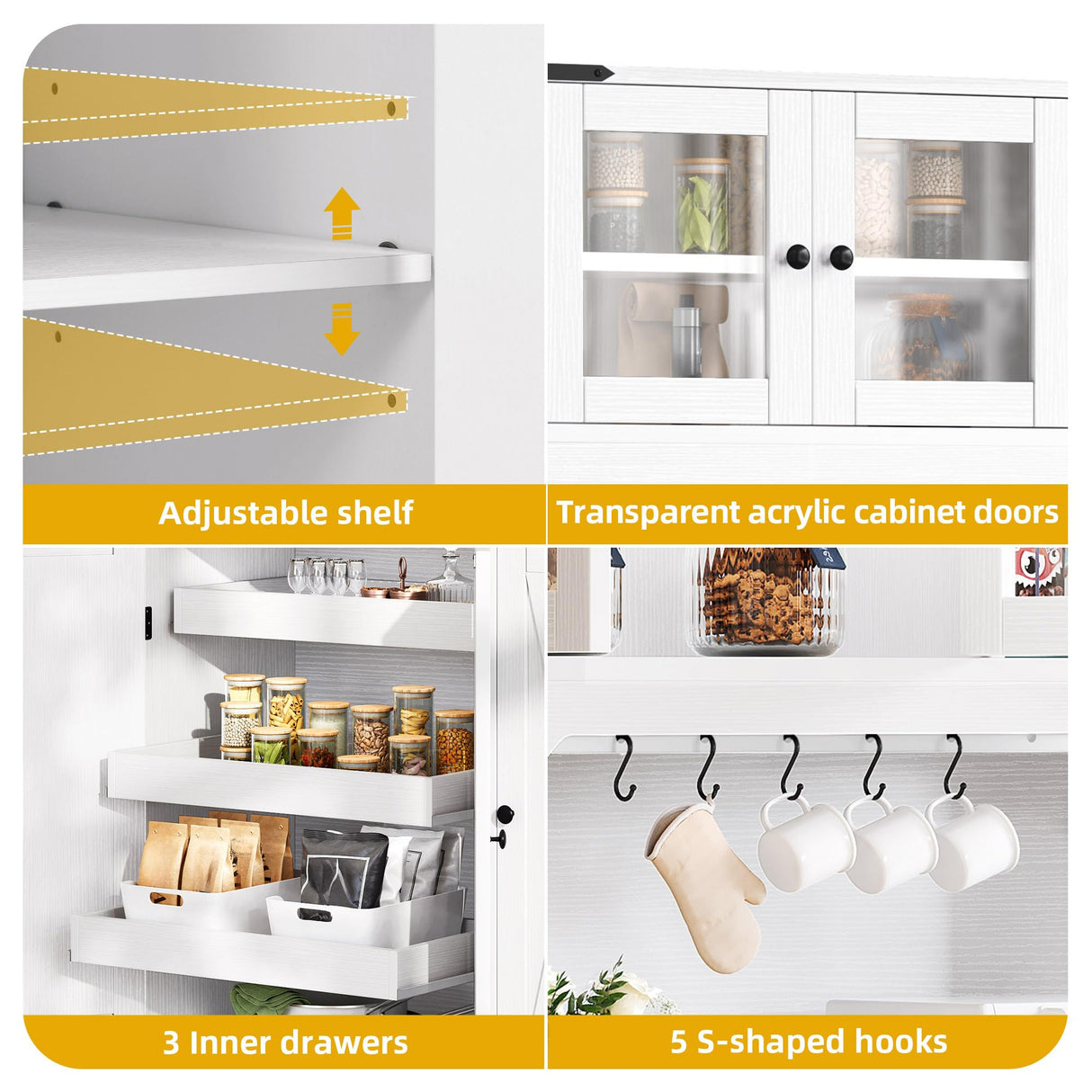 DWVO 71" Tall Kitchen Pantry Cabinet with Charging Station, Kitchen Hutch Storage Cabinet with Drawers, Farmhouse Freestanding Cabinets for Dining Room, White Rustic Oak DWVO