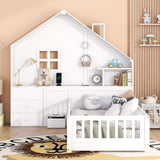 Harper & Bright Designs White Twin Montessori Floor Bed with House-Style Headboard, Storage Drawers, Shelves, and USB Ports Harper & Bright Designs