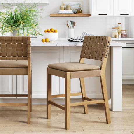 Nathan James Cohen Mid-Century Modern Leather Bar Stool, Counter Height Chair in Solid Wood Frame with Footrest and Woven Leather Back for Kitchen, Natural Brown, 1 count, Barstool - 24" Nathan James
