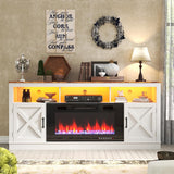 jiteentarou Farmhouse Fireplace TV Stand for 70/75/80 Inch TV, 32”Tall Entertainment Center w/ 36”Electric Fireplace & LED Light, 70”Media Console w/Barn Door Cabinet for Living Room, White jiteentarou