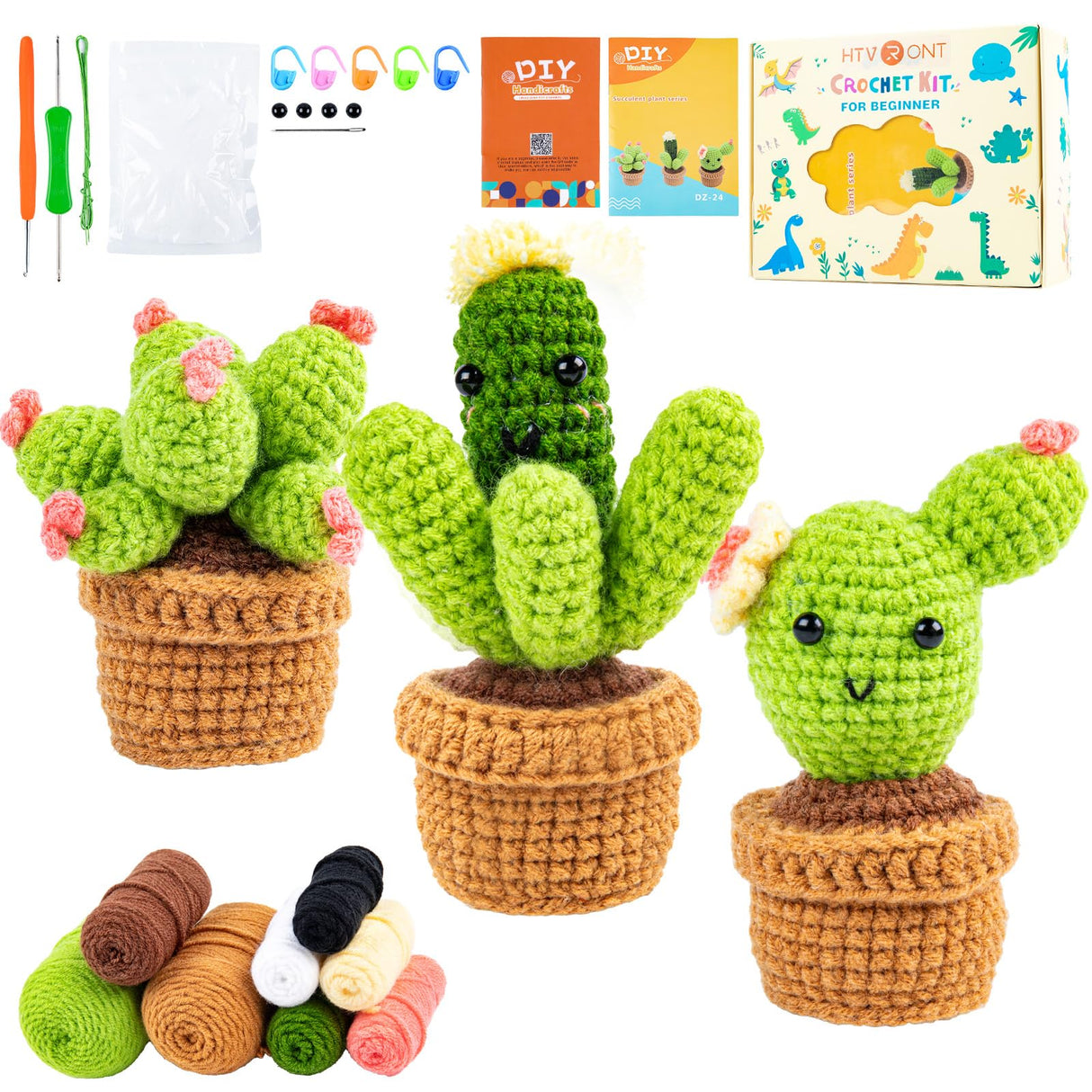 HTVRONT Crochet Kit for Beginners - Complete Crochet Kits with Stitch by Stitch Video Tutorial, Beginner Crochet Kit for Adults Kids Gift - Starter Easy Learn to Crochet Succulent Plants Family HTVRONT