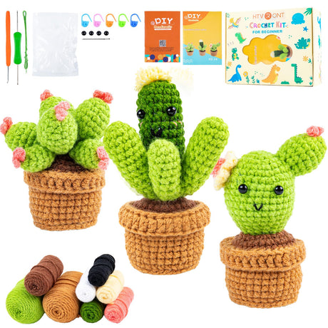 HTVRONT Crochet Kit for Beginners - Complete Crochet Kits with Stitch by Stitch Video Tutorial, Beginner Crochet Kit for Adults Kids Gift - Starter Easy Learn to Crochet Succulent Plants Family HTVRONT