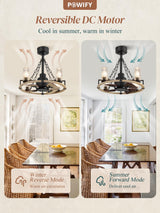 POWIFY 20 Inch Wagon Wheel Chandelier with Fan, Farmhouse Chandelier Fan with Remote, Quiet Reversible Motor, Dual Finish Blades, Black Rustic Ceiling Fan for Bedroom Dining Room Living Room Kitchen POWIFY