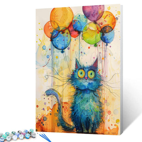 Tucocoo Abstract Blue Cat Paint by Numbers Kits 16x20 inch Canvas, Watercolor DIY Oil Painting for Adults with Brushes and Acrylic Pigment, Colorful Ballons Picture for Home Decor (Without Frame) Tucocoo
