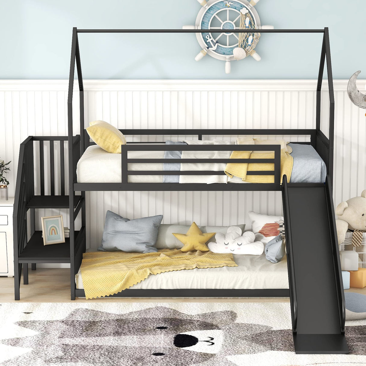 Harper & Bright Designs Twin over Twin Metal Bunk Bed with Slide and Stairs, Low Bunk House Bed for Kids, Floor Bunk Bed, Modern Style Heavy-Duty Steel Frame (Black) Harper & Bright Designs