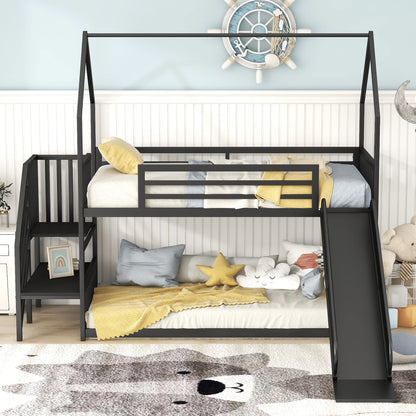 Harper & Bright Designs Twin over Twin Metal Bunk Bed with Slide and Stairs, Low Bunk House Bed for Kids, Floor Bunk Bed, Modern Style Heavy-Duty Steel Frame (Black)