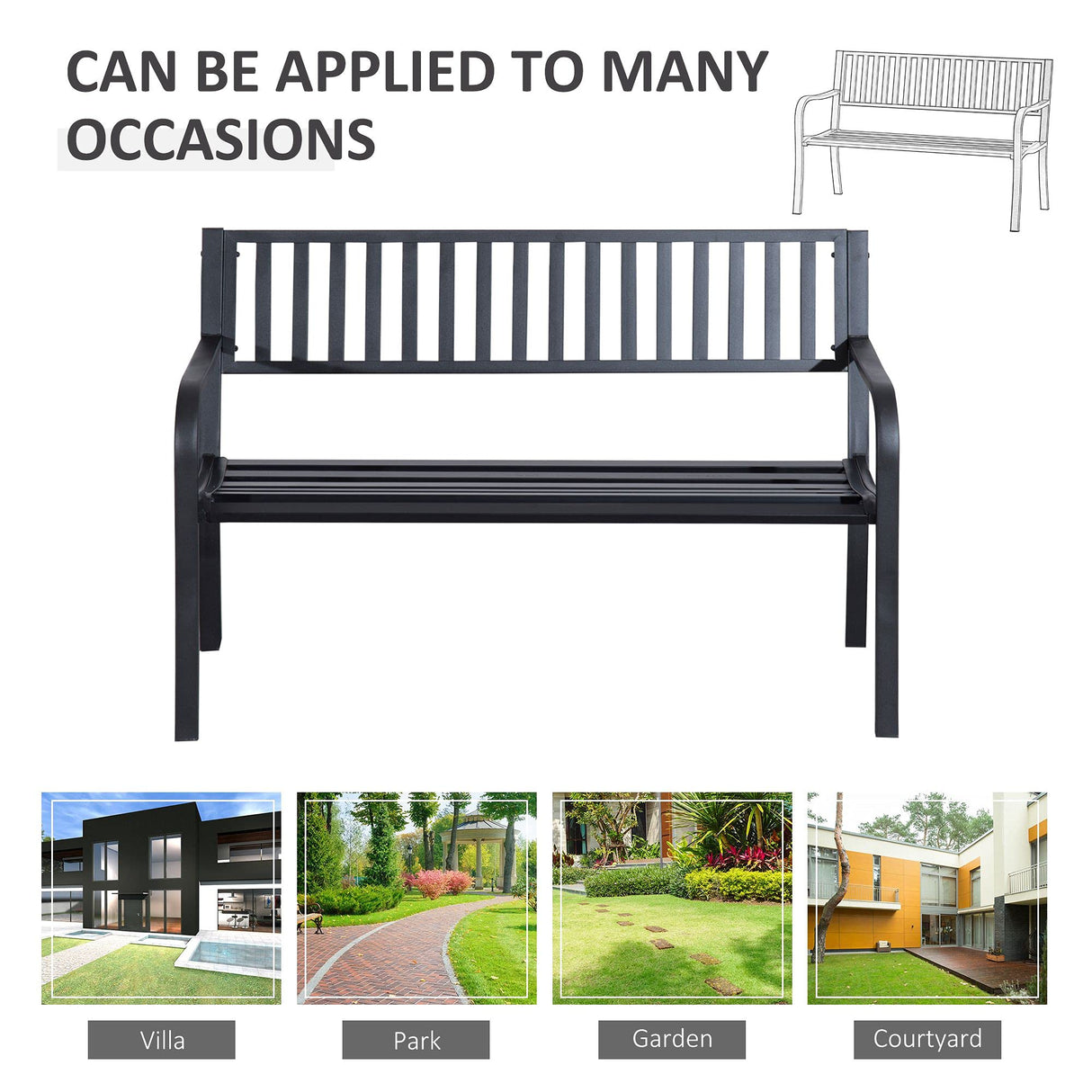 Outsunny 50" Outdoor Garden Bench, Patio Bench with Slatted Seat, Metal Porch Bench for Backyard, Poolside, Lawn, Black Outsunny