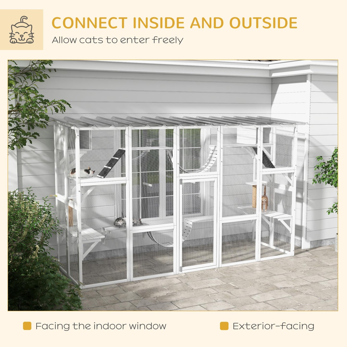 PawHut Catio Playground Cat Window Box Outside Enclosure, Outdoor Cat House with Weather Protection Roof for Multiple Kitties, Wooden Frame, Shelves & Bridges, 118" x 37.5" x 74", White - WoodArtSupply