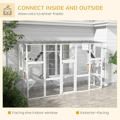 PawHut Catio Playground Cat Window Box Outside Enclosure, Outdoor Cat House with Weather Protection Roof for Multiple Kitties, Wooden Frame, Shelves & Bridges, 118" x 37.5" x 74", White - WoodArtSupply