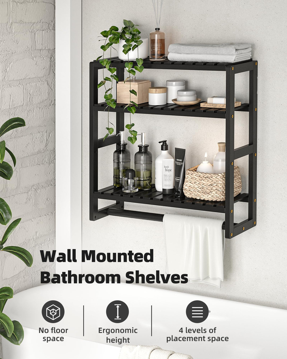 Galood Over The Toilet Storage Bathroom Shelves Wall Mounted 3 Tier Space Saver Corner Shelf Organizer Bamboo Towel Rack Toilet Paper Cabinet with Hanging Rod Black Galood