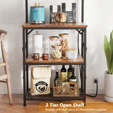 Furologee Bakers Rack with Power Outlet and LED Light, Small Microwave Stand with 4 Tier Shelves, Coffee Bar Station Table with 6 S Hooks, Kitchen Storage Rack for Spices, Pots, Rustic Brown Furologee