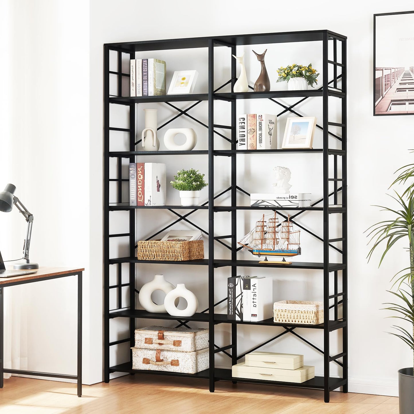 HOMISSUE 84" Double Wide Industrial 7-Tier Black Bookshelf with Open Shelves - WoodArtSupply