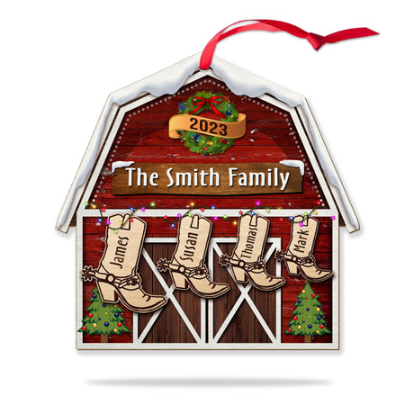 CEZII Personalized Family Name Christmas Ornament 2024, Cowboy Boot Ornaments, Red Farm Barn Ornaments, Farmhouse Ornaments Xmas Tree Decorations, Western Ornaments for Cowboys Cowgirls CEZII