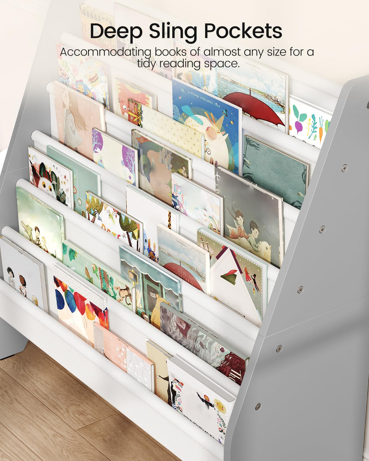 CHOEZON 6-Tier Kids Bookshelf, Kids Sling Bookcase, Magazine and Book Storage Rack, Large Capacity Book Organizer, Book Shelf for Kids Room, Bedroom, Nursery, Playroom, White and Gray MCW07WG CHOEZON