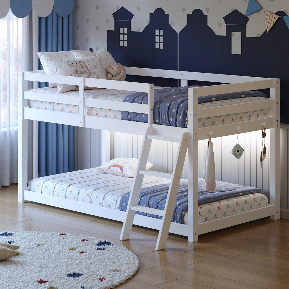 Vantic Low Bunk Bed with Guardrail and LED Light, Floor Toddler Bunk Bed Twin Over Twin with Wide Stairs, Convertible Soild Wooden Loft Bed for Kids with 6 Hooks, Space-Saving, White Vantic