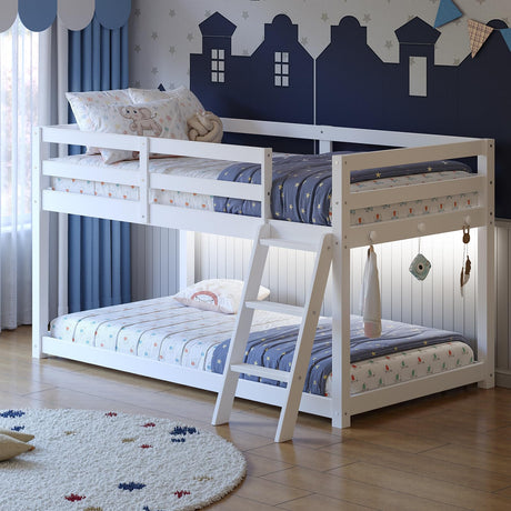 Vantic Low Bunk Bed with Guardrail and LED Light, Floor Toddler Bunk Bed Twin Over Twin with Wide Stairs, Convertible Soild Wooden Loft Bed for Kids with 6 Hooks, Space-Saving, White Vantic