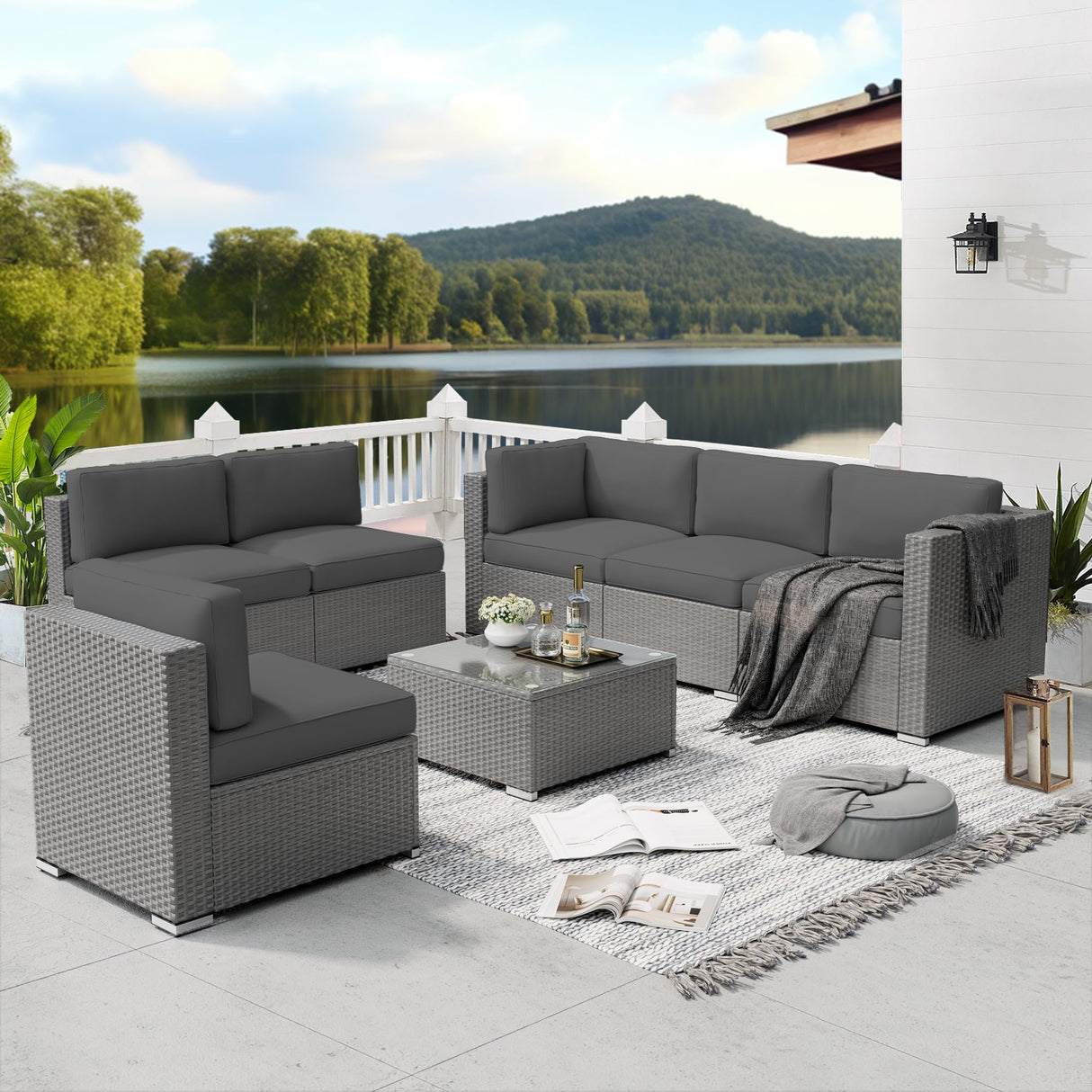 SUNCROWN Outdoor Patio Furniture Set 7 Piece Outdoor Sectional Sofa Grey Wicker Conversation Sofa Set with Coffee Table and Cushions,Dark Grey SUNCROWN