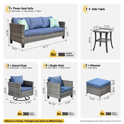 ovios Patio Furniture Set, 10 Piece Outdoor Wicker Sofa with Swivel Rocking Chairs and Comfy Cushions, High Back Rattan Couch Conversation Set, Denim Blue - WoodArtSupply