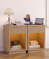 Akxomel Fluted Nightstands Set of 2, Wooden Night Stand with Charging Station and LED Light, Modern Mid Century End Table with Drawer, 15" D x 15.7" W x 22.6" H, for Bedroom, Natural Oak Akxomel