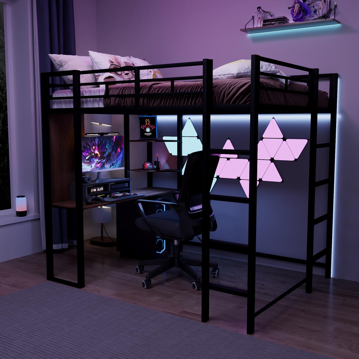 Merax Metal Loft Bed with 2 Shelves and one Desk, Noise Free, No Box Spring Needed, Easy Assembly, Full Size, Black Merax
