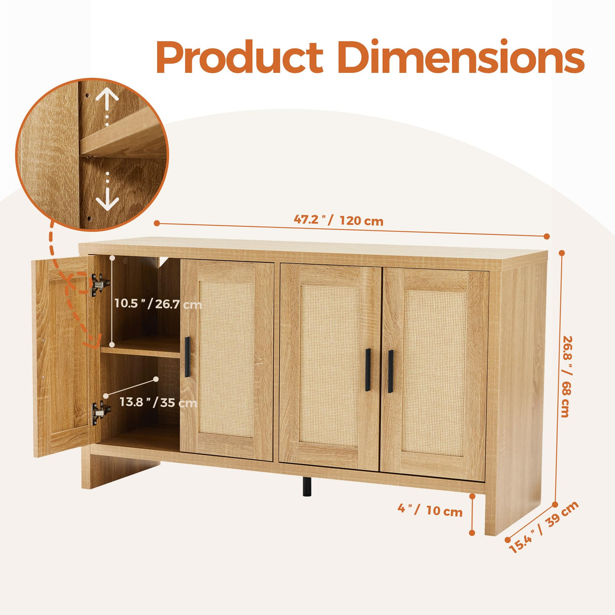 Mericonia Rattan Buffet Cabinet with Storage, Sideboard Cabinet with Doors and Adjustable Shelves, Farmhouse Coffee Bar Station Table, Modern Wood Cupboard for Kitchen, Livingroom and Dining Room Mericonia