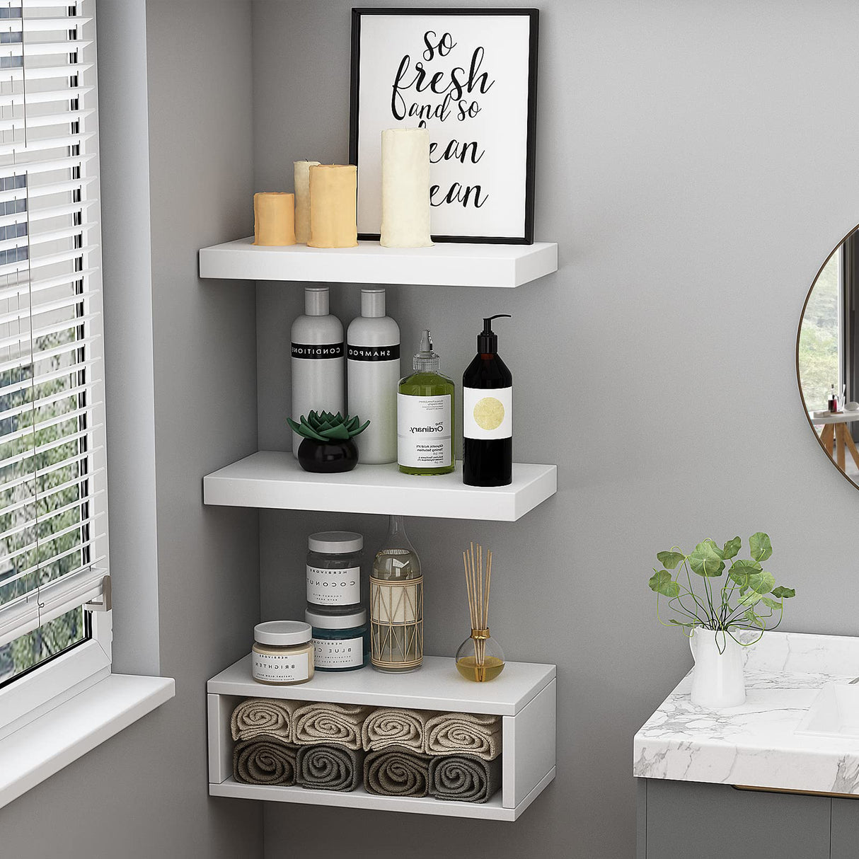 RANK Bathroom Shelves Over Toilet - Wall Mounted Floating Shelves Toilet Paper Storage Small White Decor Shelf 16 inch Set of 3 RANK