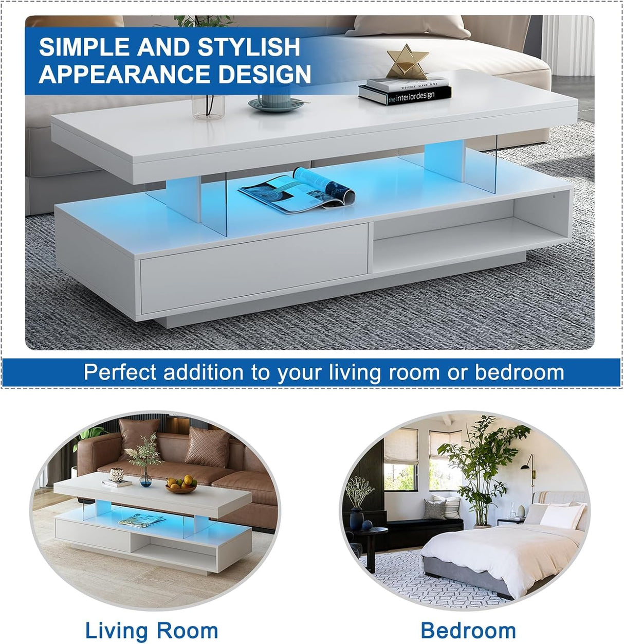 White LED Coffee Table for Living Room, Modern High Glossy Smart Center Table with Storage, 2 Tiers Rectangle Coffee Table with 16 Colors LED Lights & Remote Control for Party Office Home GlowSpark