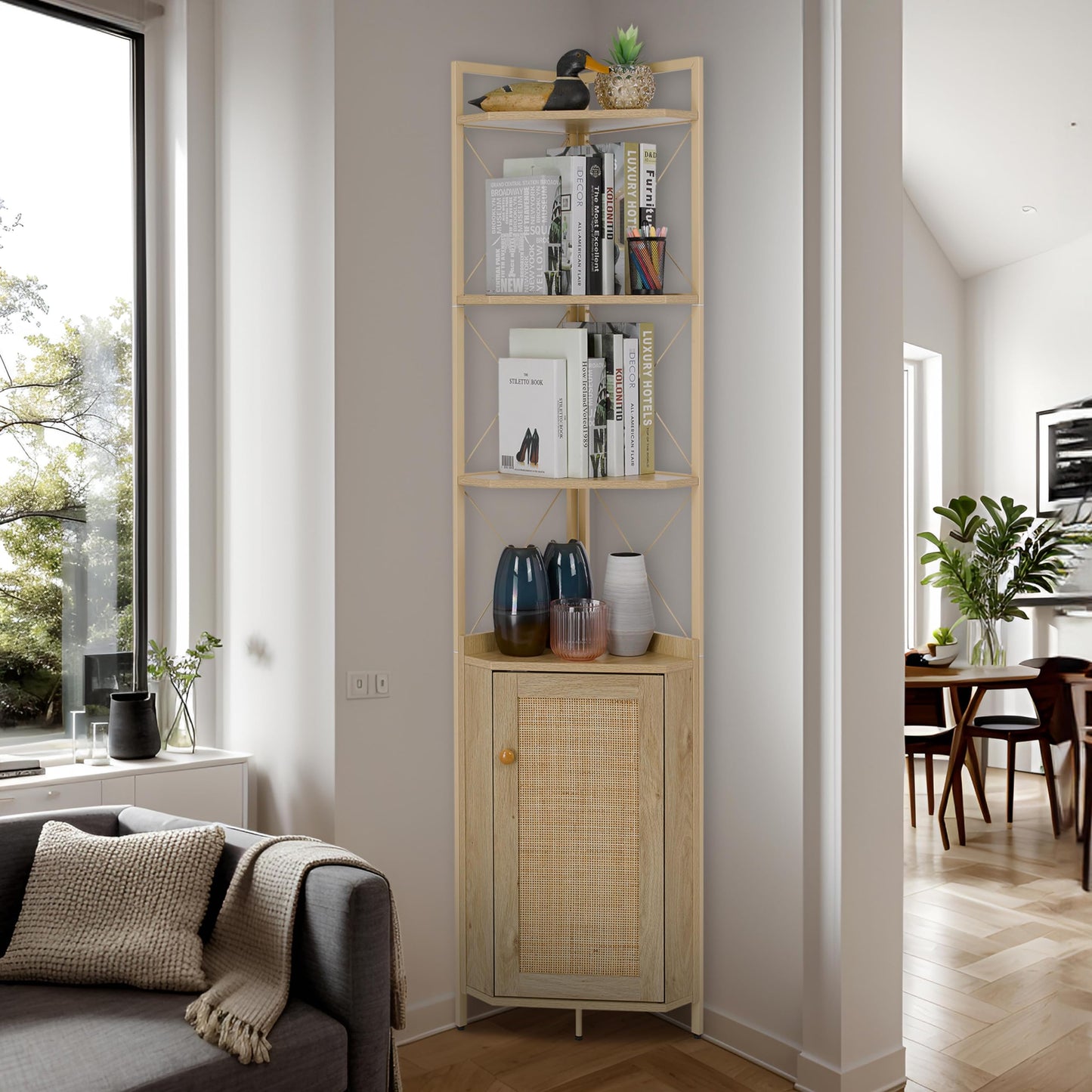 Finnhomy Corner Shelf with Cabinet, 71 Inches Multipurpose Corner Cabinet with Rattan Decorated Doors, Corner Storage Shelves for Bedroom, Living