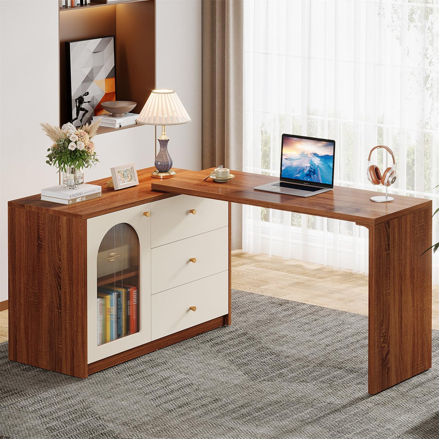 Tribesigns L Shaped Computer Desk with Drawers, Modern Corner Home Office Desk with Reversible Storage Cabinet, Long Study Writing Desk Workstation for Home Office, Rustic Brown - WoodArtSupply