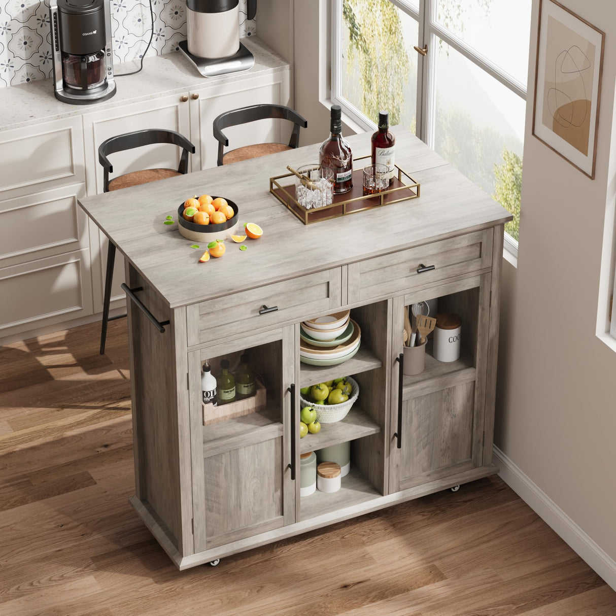 Mobile Modern Storage Island,Rolling Kitchen Island with Drop Leaf - Door Cabinet, Drawer, Bar Cart with Cabinet, Portable Cart Island Table for Kitchen,Grey Garvee
