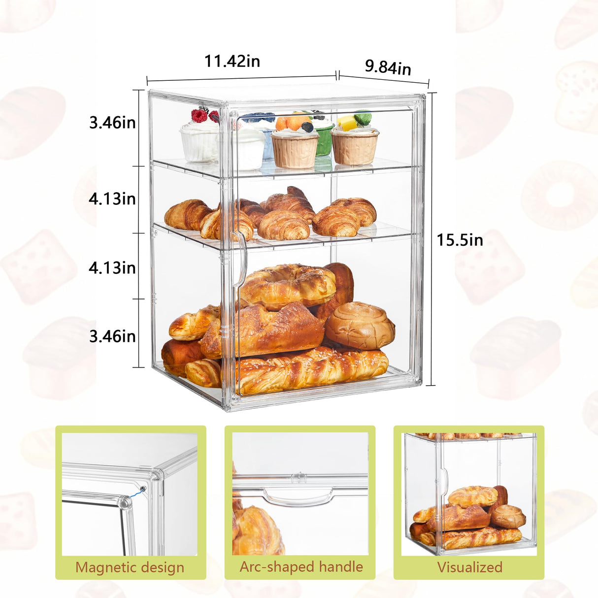 Pastry Display Case,Bread Box for Kitchen Countertop,4 Layers Adjustable Clear Bread Storage with Magnetic Door Bakery Pastry Display15.5x11.4x9.8inch，1 Pack SANKEU