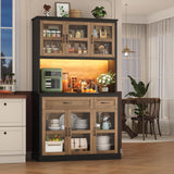 FINETONES 71" Pantry Cabinet with LED Light and Charging Station, Storage Cabinet with Microwave Stand, Kitchen Pantry Hutch Cupboard with Doors and Shelves, Black/Brown FINETONES