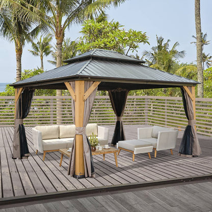 domi outdoor living 12x14 ft Wood Gazebo, Cedar Frame Hardtop Gazebo with Galvanized Steel Double Roof, Netting & Curtains, Patio Pergola Pavilion for Patio, Backyard, Deck, Lawns - WoodArtSupply