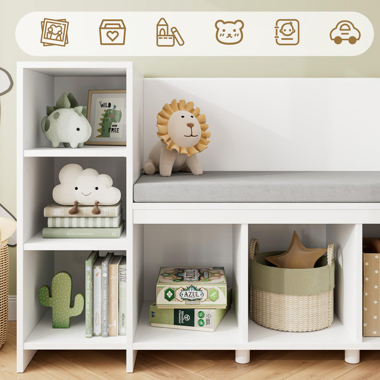 HOSTACK 67" Kids Reading Nook with Bench, Kids Bookshelf and Bookcase with Seat Cushion and 6 Storage Cubbies, Toy Storage Box on Wheels, Toy Chest for Playroom, Bedroom, School, White HOSTACK