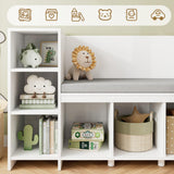 HOSTACK 67" Kids Reading Nook with Bench, Kids Bookshelf and Bookcase with Seat Cushion and 6 Storage Cubbies, Toy Storage Box on Wheels, Toy Chest for Playroom, Bedroom, School, White HOSTACK