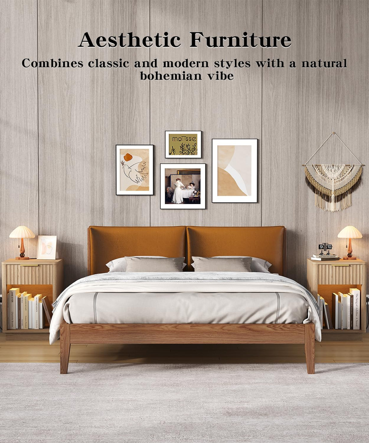 Akxomel Fluted Nightstands Set of 2, Wooden Night Stand with Charging Station and LED Light, Modern Mid Century End Table with Drawer, 15" D x 15.7" W x 22.6" H, for Bedroom, Natural Oak Akxomel